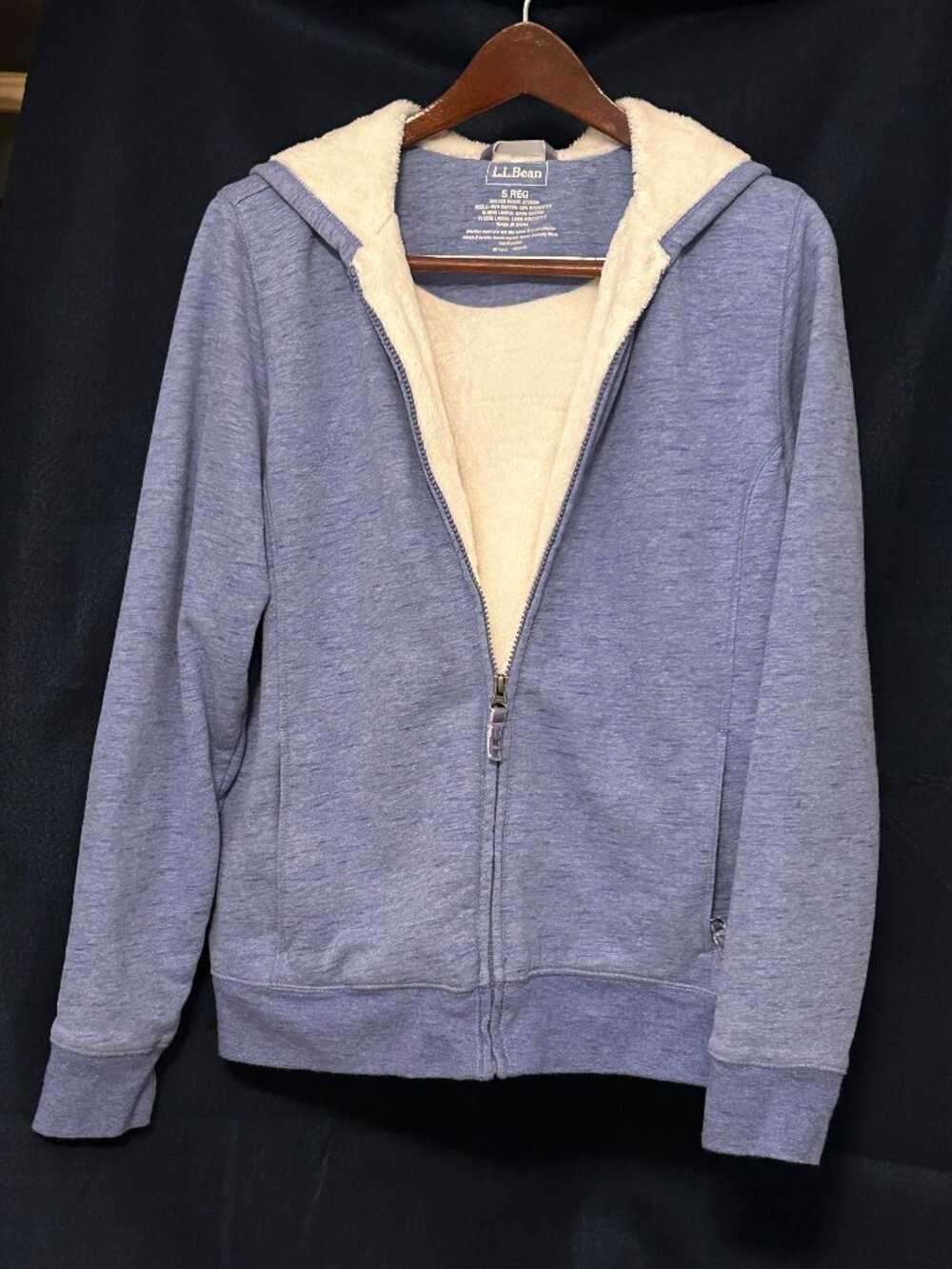 LL Bean faux fur lined Denim blue full zip sweatshirt